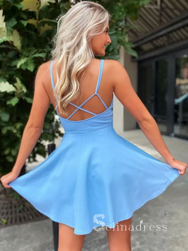 A-line Spaghetti Straps Simple Cheap Short Prom Dress Blue Homecoming Dresses #MHL124