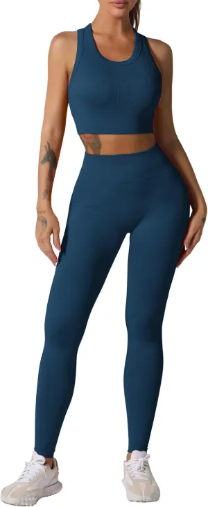 ABOCIW Workout Sets for Women 2 Piece Seamless Ribbed Tank Top Sport Bra High Waist Biker Shorts GYM Yoga Exercise Outfits
