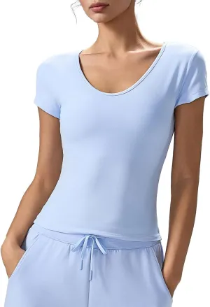altiland Scoop Neck Workout T Shirt for Woman, Ultra-Soft Quick Dry Athletic Tee Yoga Running Cropped Short Sleeve Tops
