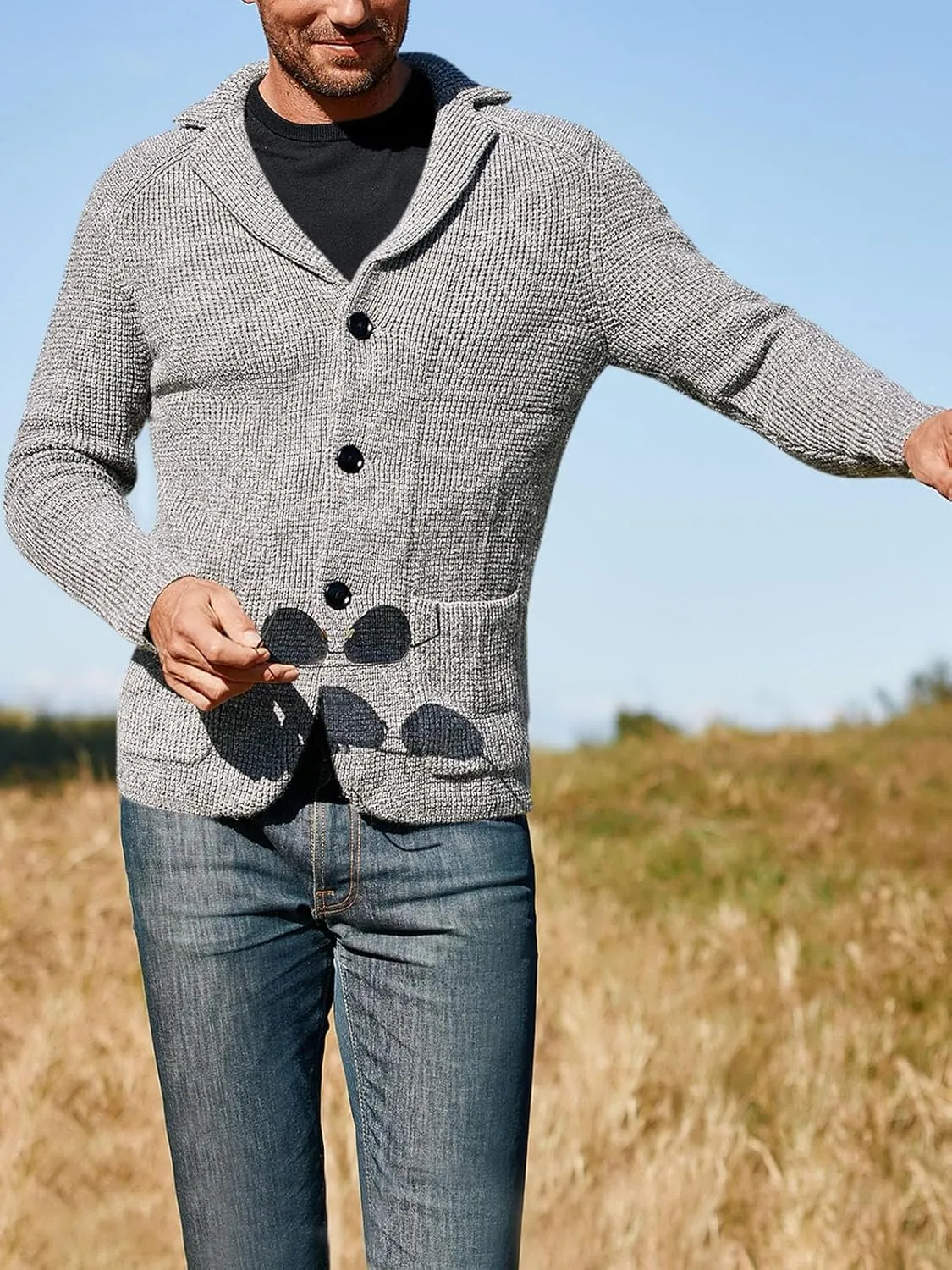 Aoysky Men's Shawl Collar Cardigan Sweater Button Down Knitwear with Pockets
