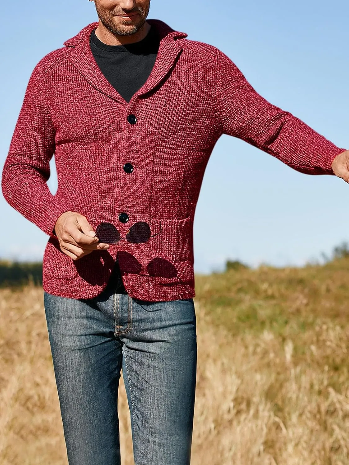 Aoysky Men's Shawl Collar Cardigan Sweater Button Down Knitwear with Pockets