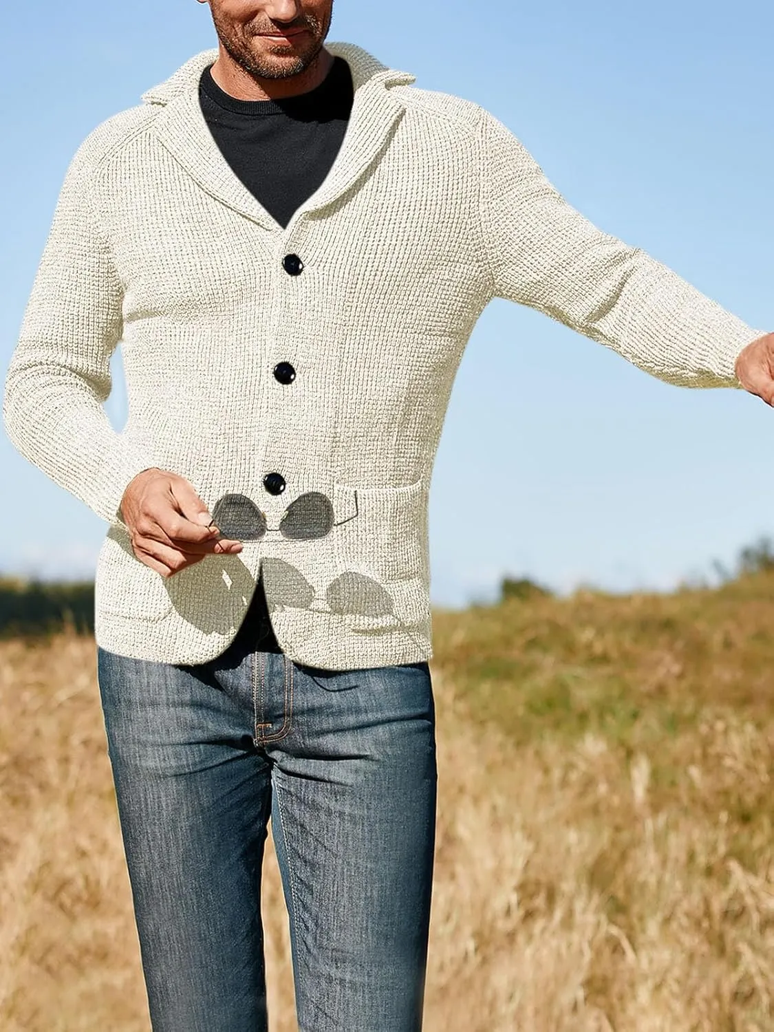 Aoysky Men's Shawl Collar Cardigan Sweater Button Down Knitwear with Pockets