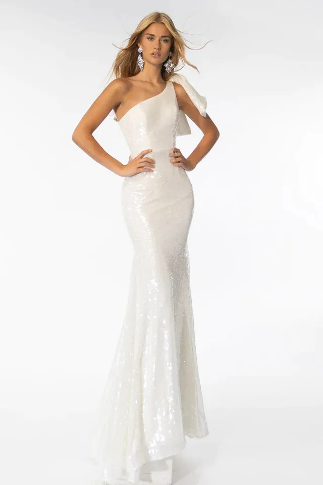 Ava Presley 39286 Long Sequin Gown One Shoulder Bow Detail Mermaid Train Formal Prom Dress
