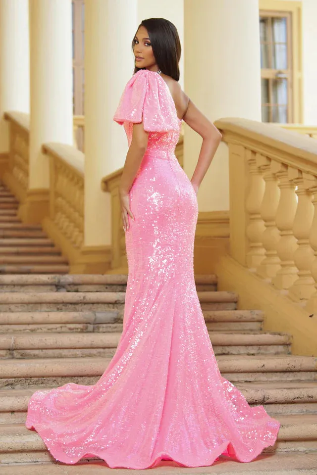 Ava Presley 39286 Long Sequin Gown One Shoulder Bow Detail Mermaid Train Formal Prom Dress