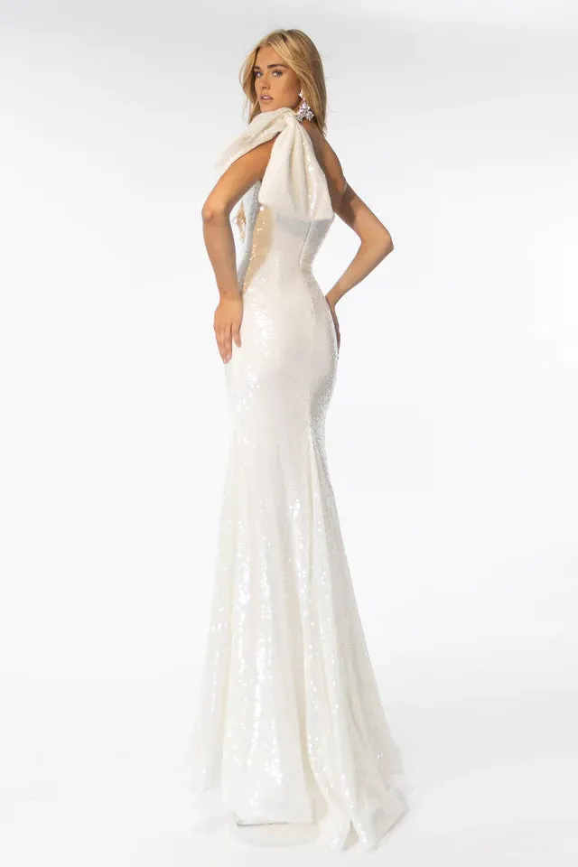 Ava Presley 39286 Long Sequin Gown One Shoulder Bow Detail Mermaid Train Formal Prom Dress