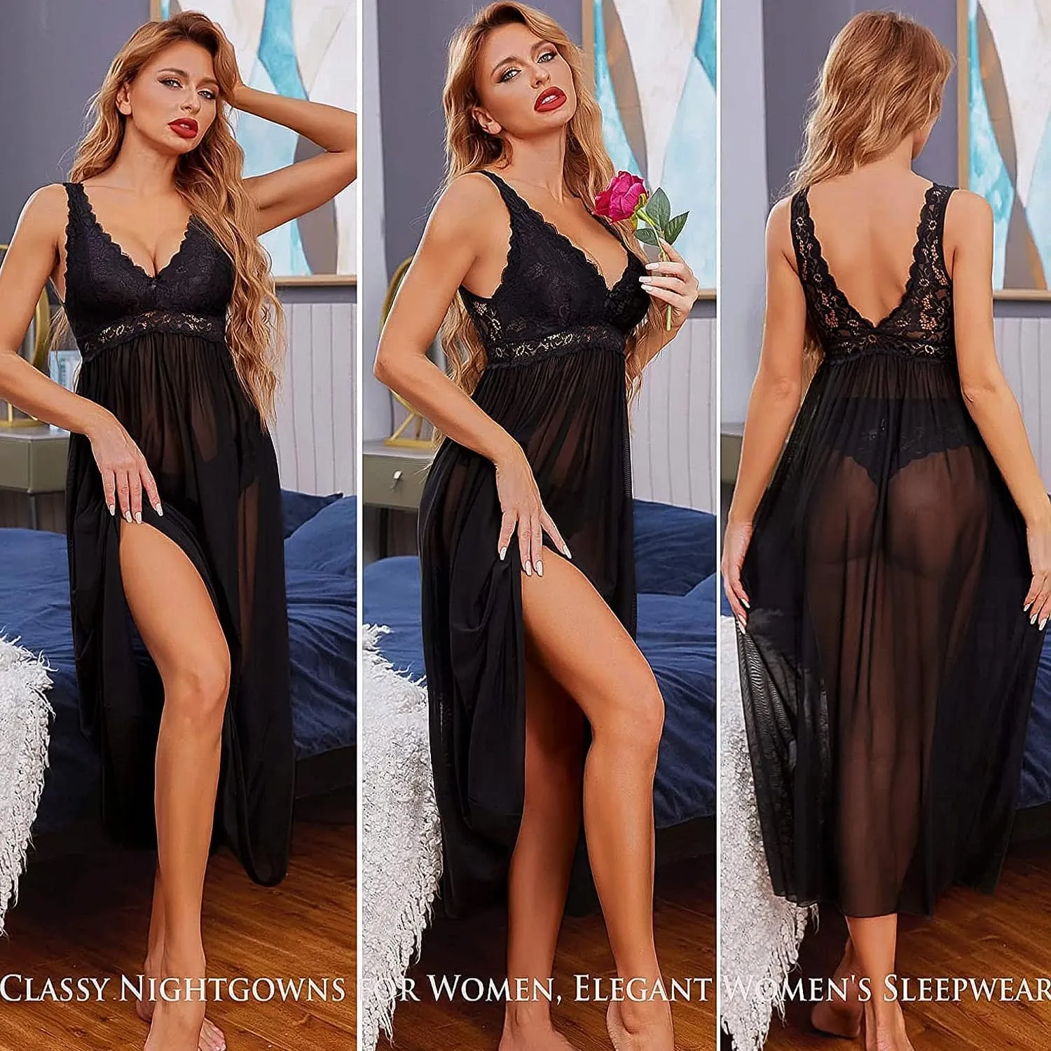 Avidlove Women Lingerie Lace Babydoll Nightdress Mesh Chemise V Neck Sleepwear