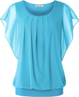 BAISHENGGT Womens Summer Tops Flutter Short Sleeve Pleated Front Mesh Shirts Dressy Casual Blouses