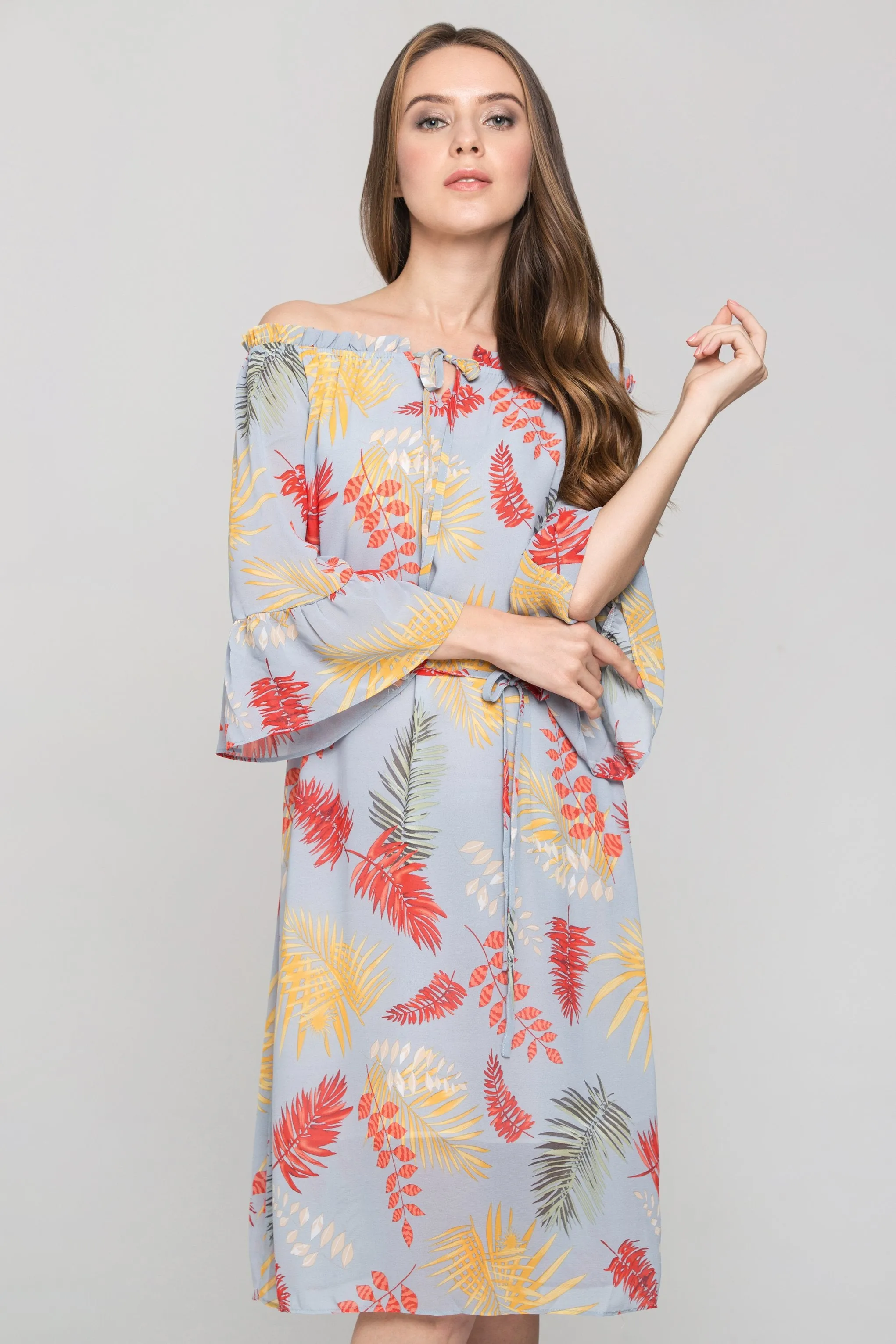 Blue Autumn Leaf Print Off the Shoulder Midi Dress