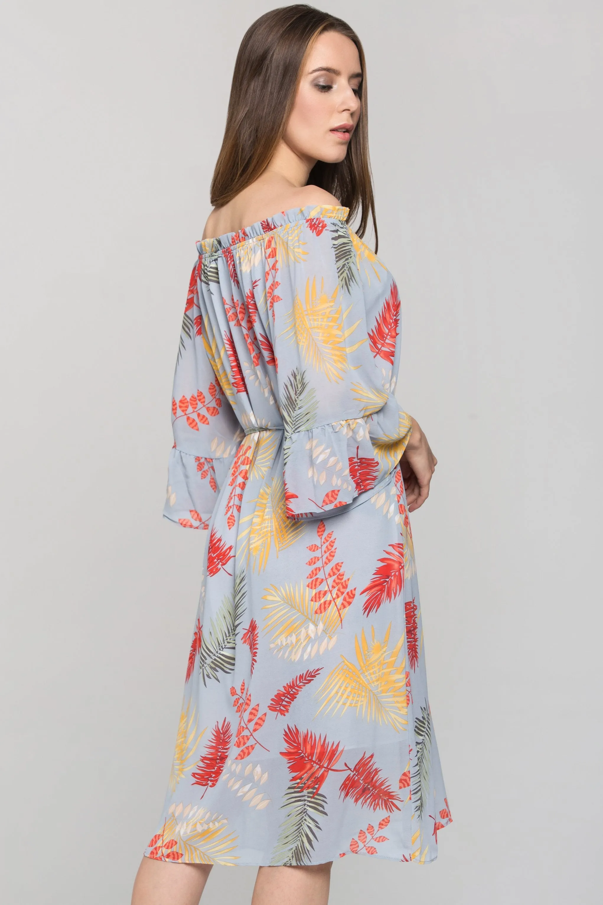 Blue Autumn Leaf Print Off the Shoulder Midi Dress