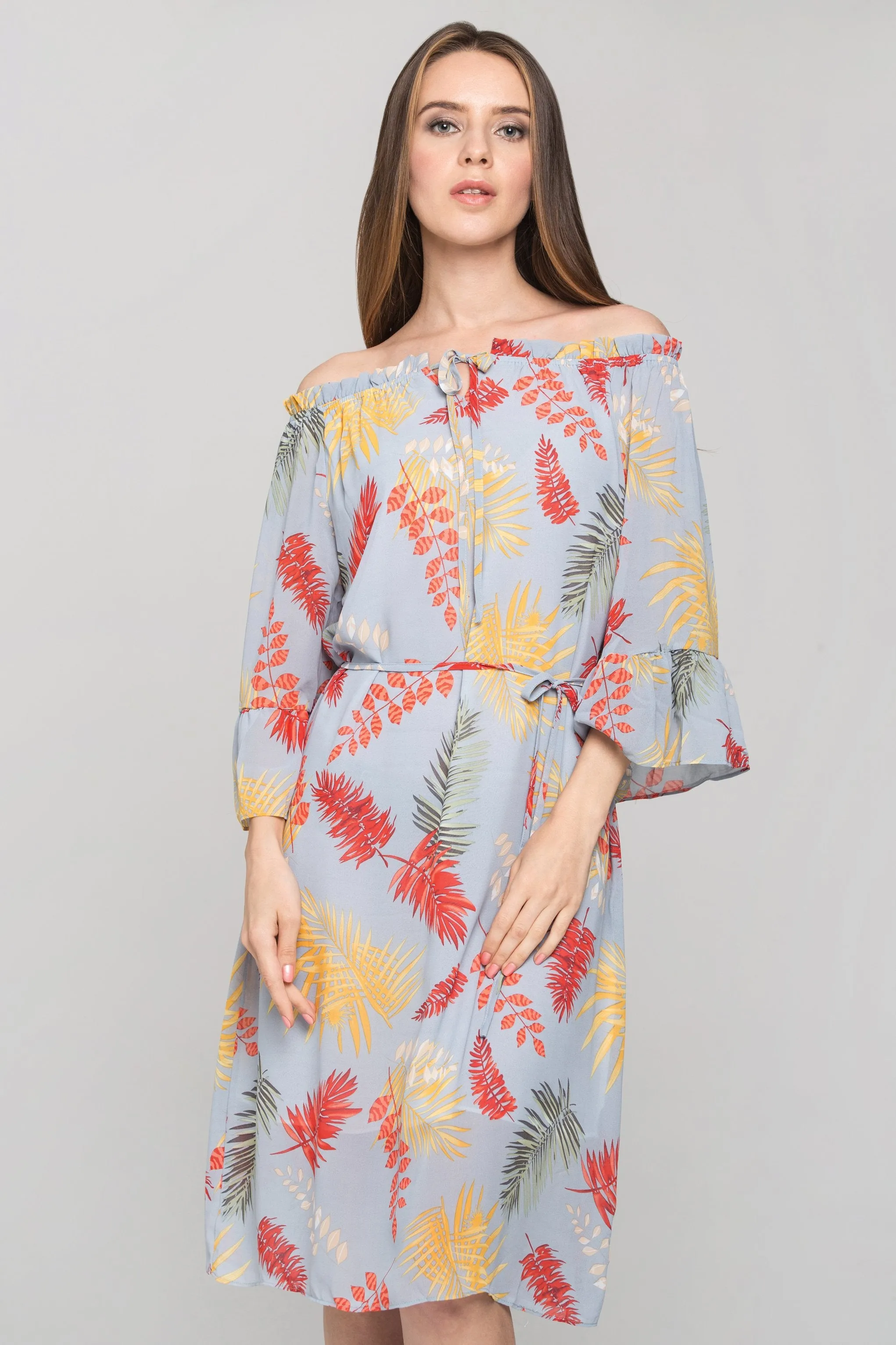 Blue Autumn Leaf Print Off the Shoulder Midi Dress