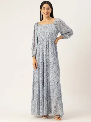 Blue Geometric Printed Puff Sleeves Georgette A-Line Maxi Dress