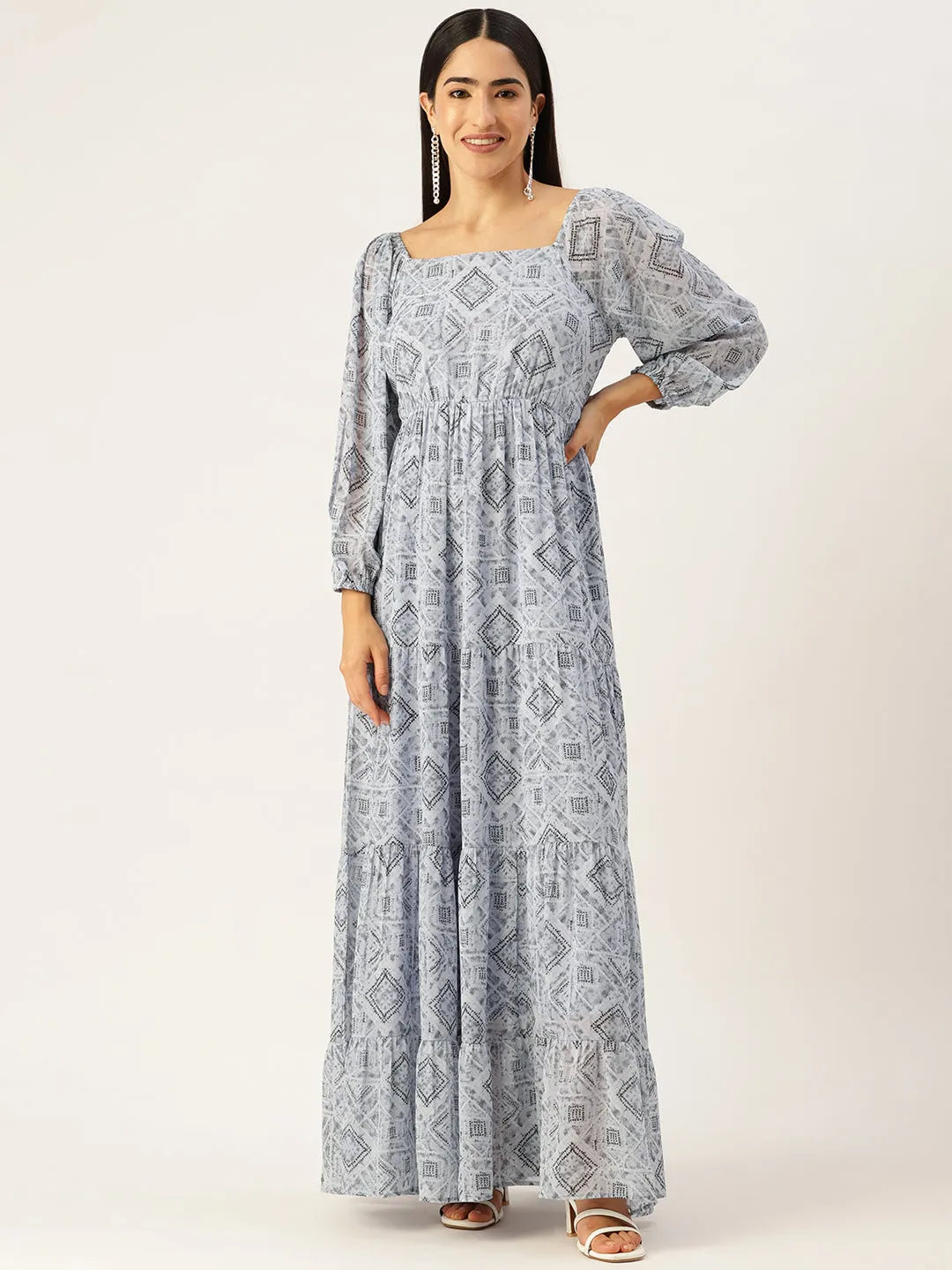 Blue Geometric Printed Puff Sleeves Georgette A-Line Maxi Dress