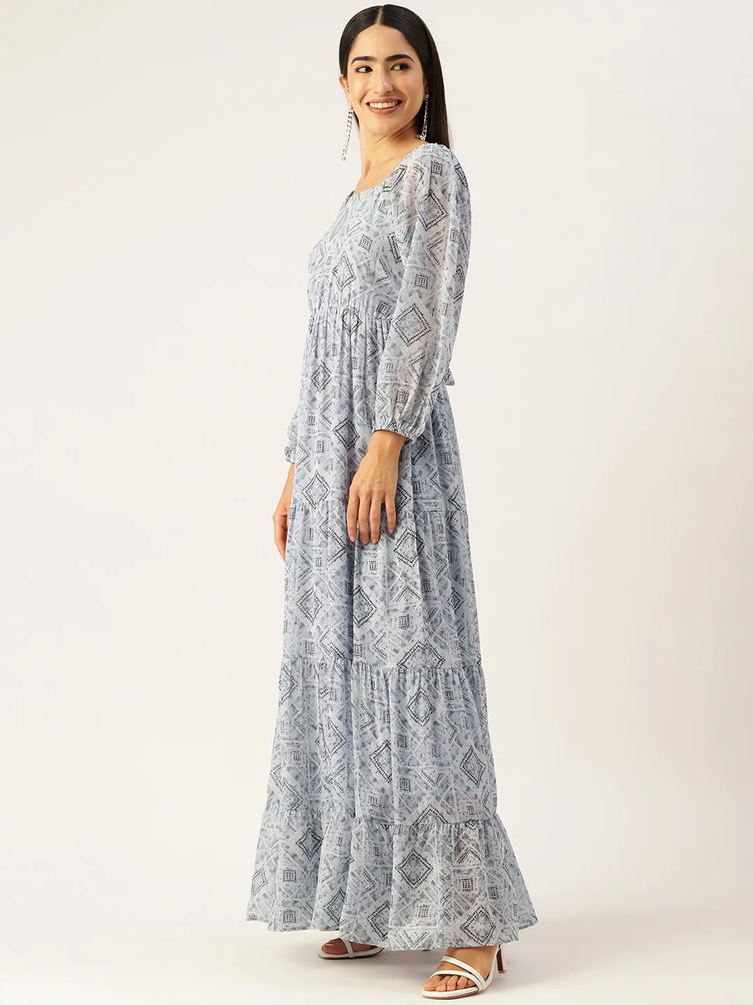 Blue Geometric Printed Puff Sleeves Georgette A-Line Maxi Dress