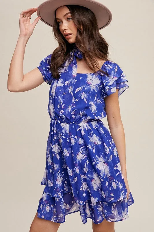 Bright Blue Flower Print Ruffle Sleeve Waist Tie Dress