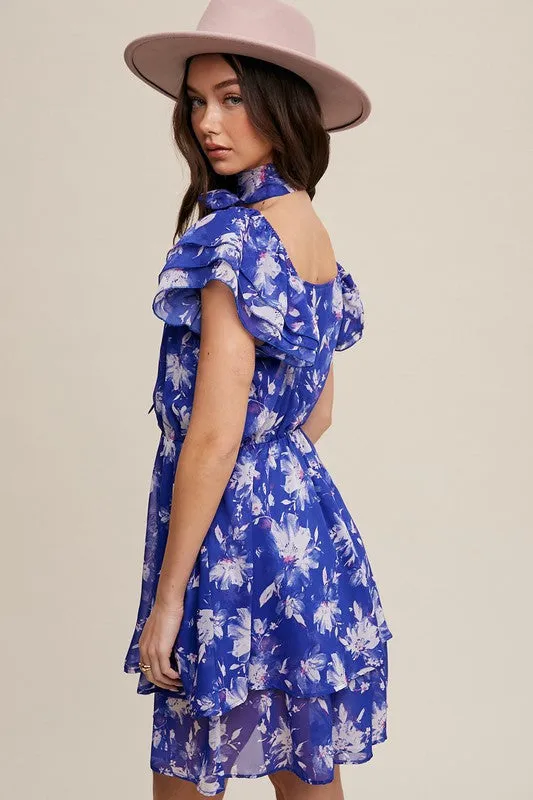 Bright Blue Flower Print Ruffle Sleeve Waist Tie Dress