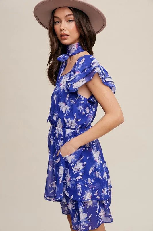 Bright Blue Flower Print Ruffle Sleeve Waist Tie Dress