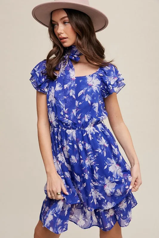 Bright Blue Flower Print Ruffle Sleeve Waist Tie Dress