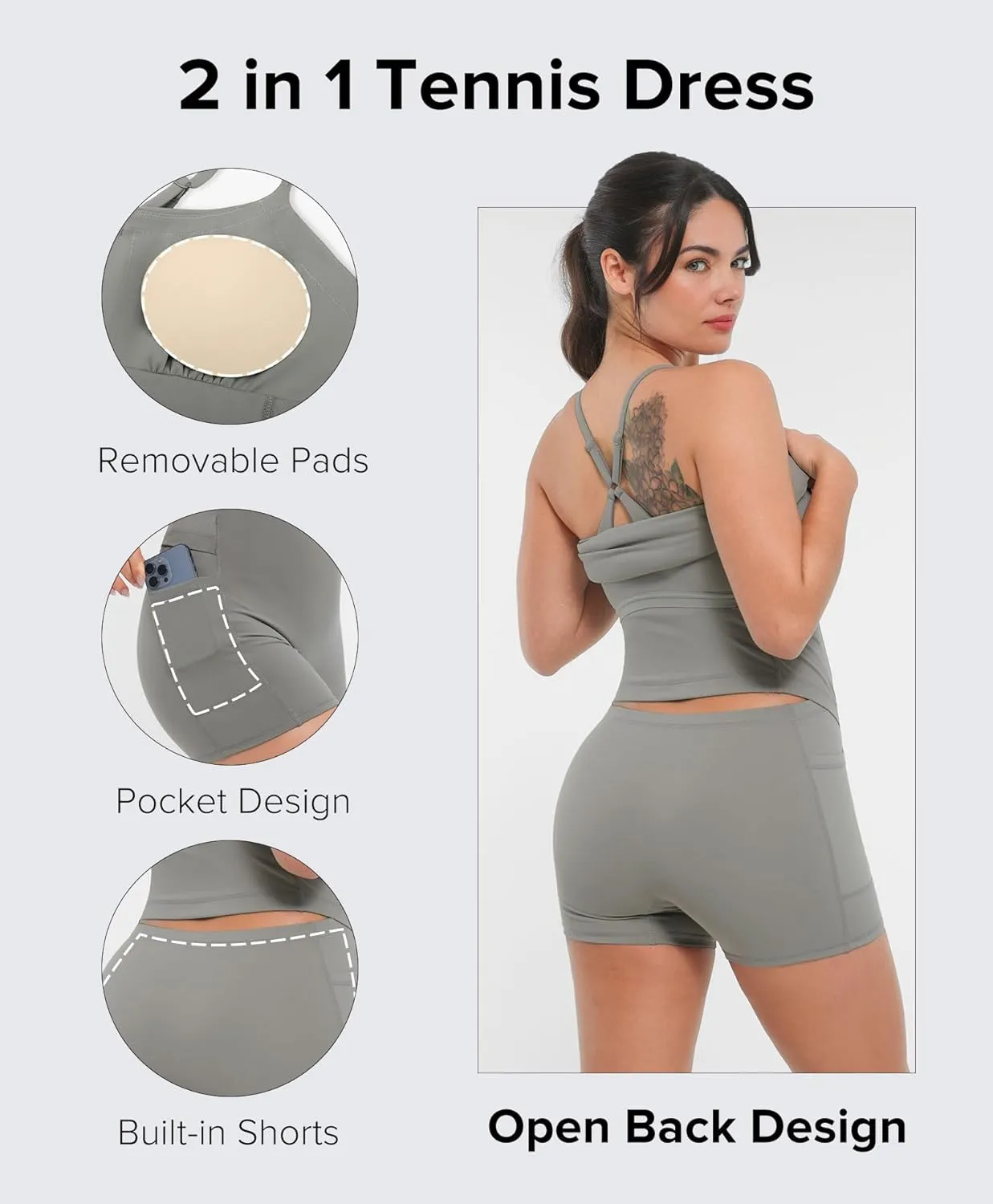 BRXL Womens Built-in Pull Down Shorts and Bra Tennis Dress UPF 50  Adjustable Straps Athletic Golf Workout Active