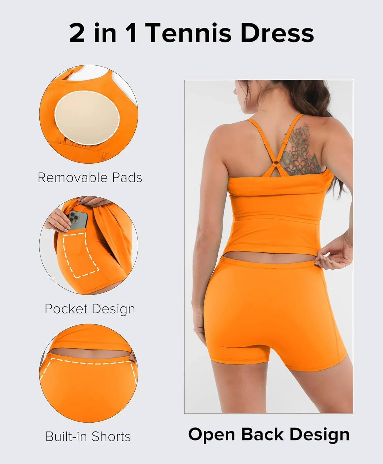 BRXL Womens Built-in Pull Down Shorts and Bra Tennis Dress UPF 50  Adjustable Straps Athletic Golf Workout Active