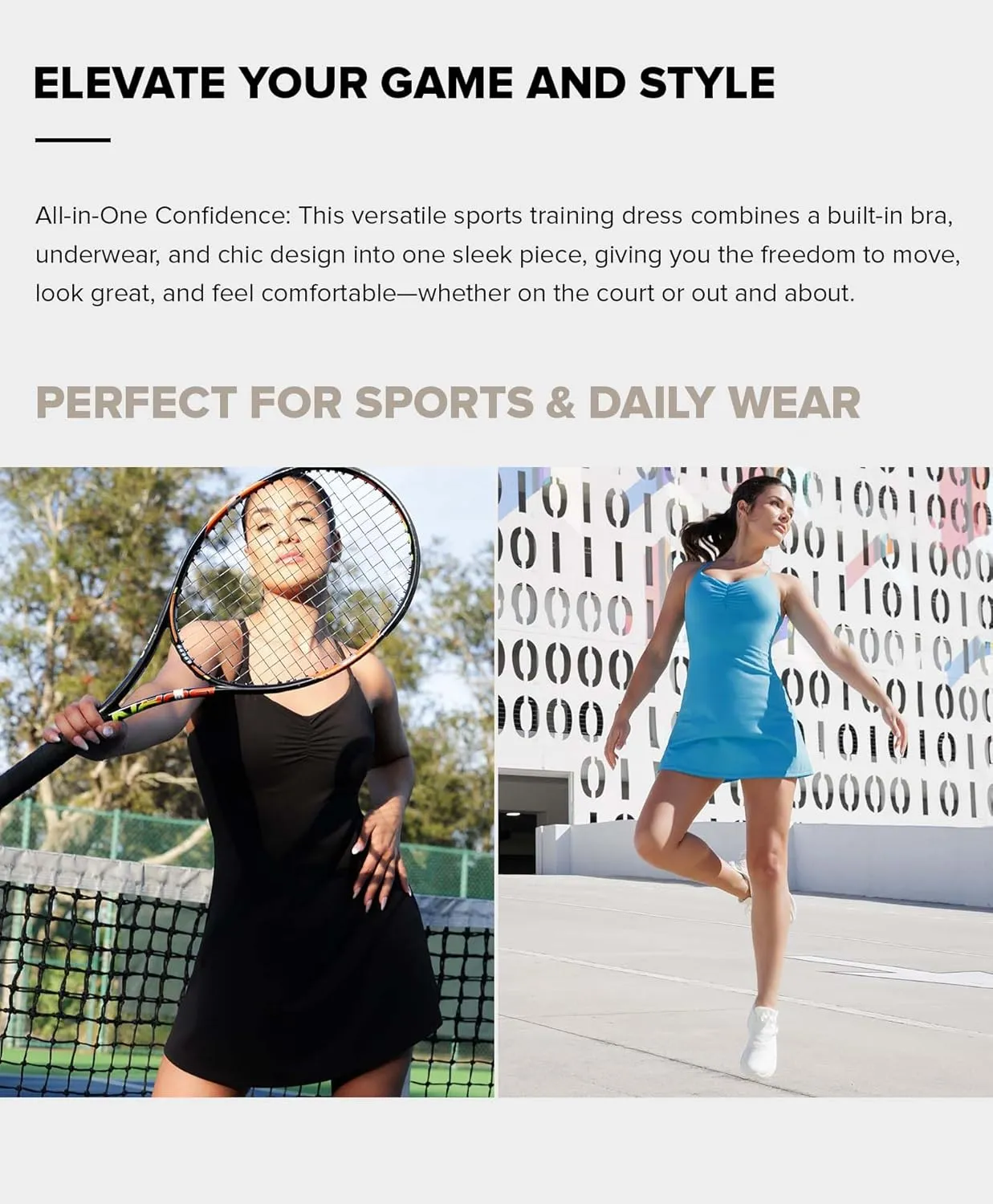 BRXL Womens Built-in Pull Down Shorts and Bra Tennis Dress UPF 50  Adjustable Straps Athletic Golf Workout Active