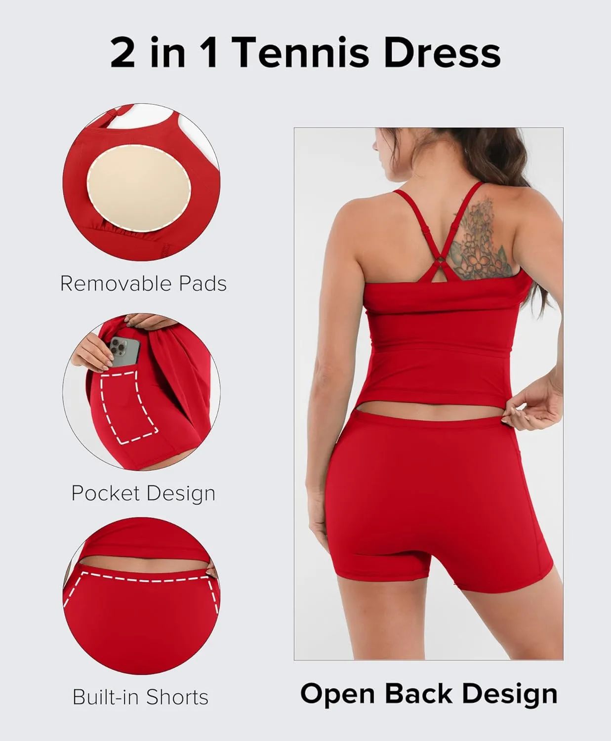 BRXL Womens Built-in Pull Down Shorts and Bra Tennis Dress UPF 50  Adjustable Straps Athletic Golf Workout Active