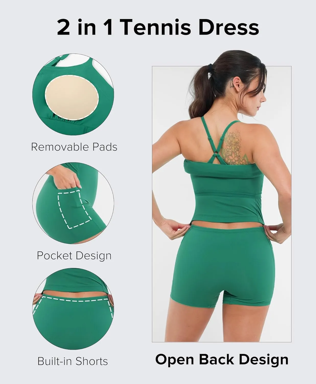 BRXL Womens Built-in Pull Down Shorts and Bra Tennis Dress UPF 50  Adjustable Straps Athletic Golf Workout Active
