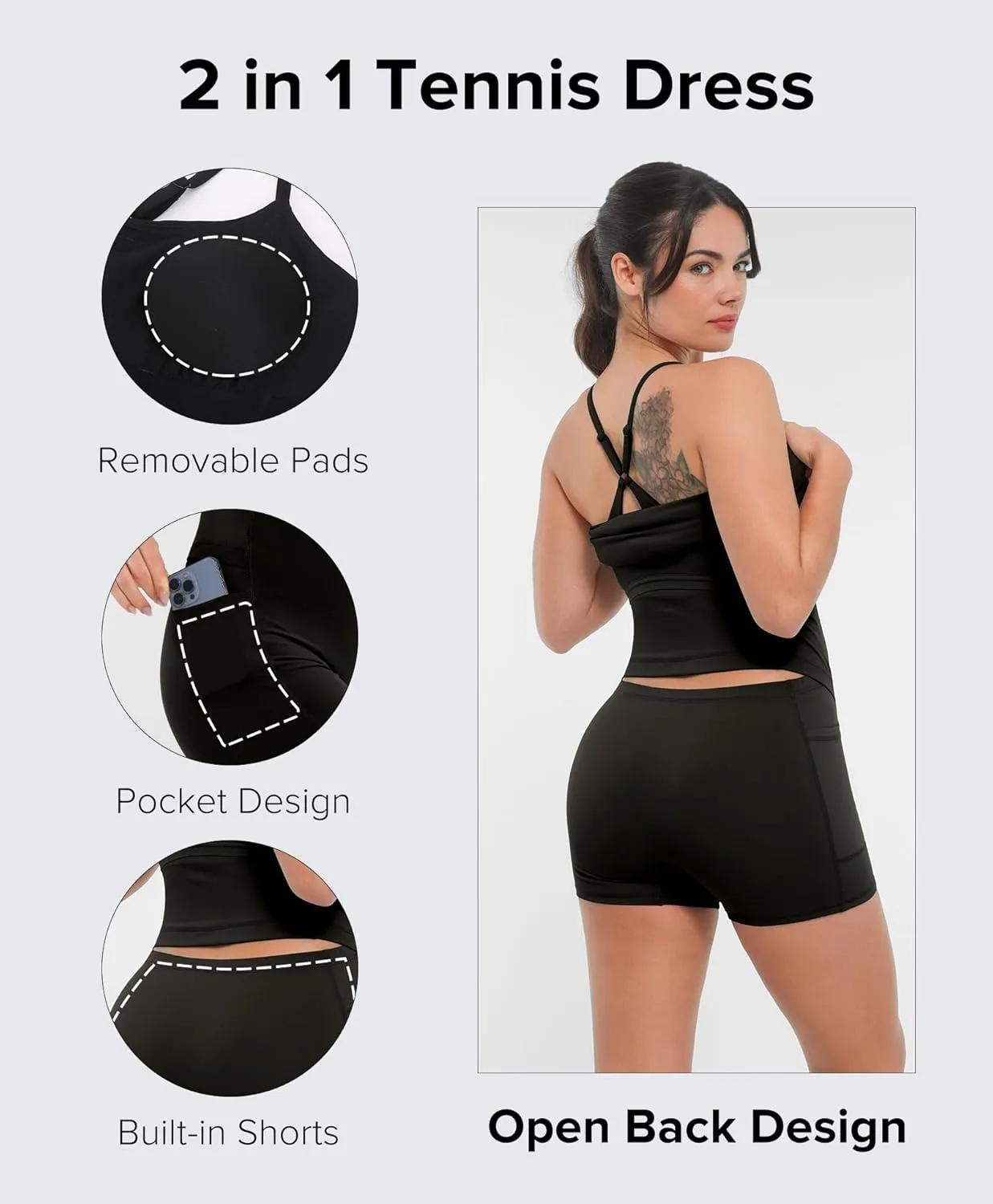 BRXL Womens Built-in Pull Down Shorts and Bra Tennis Dress UPF 50  Adjustable Straps Athletic Golf Workout Active
