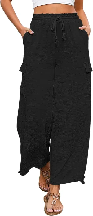Bsubseach Women Beach Palazzo Cargo Pants Drawstring Wide Leg Trousers Summer Vacation Outfits with Pockets
