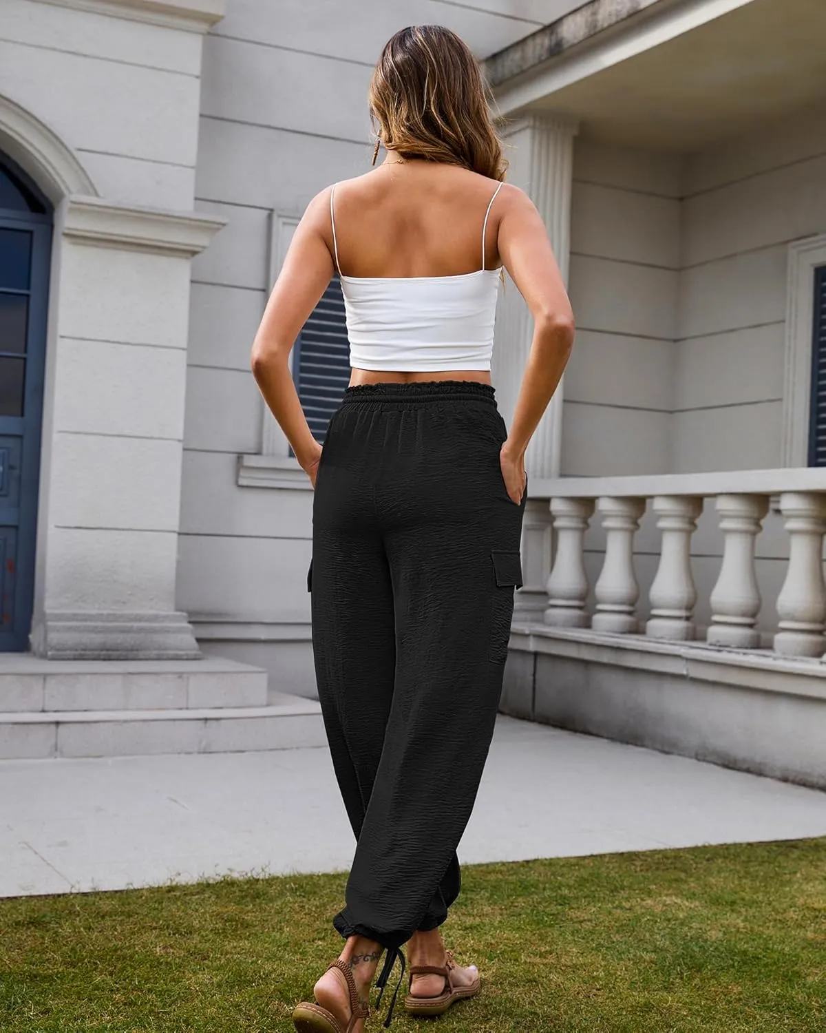 Bsubseach Women Beach Palazzo Cargo Pants Drawstring Wide Leg Trousers Summer Vacation Outfits with Pockets