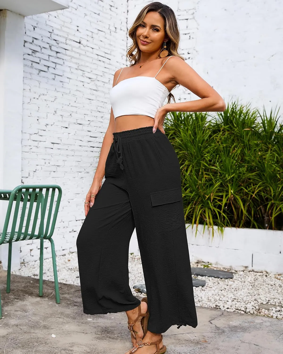 Bsubseach Women Beach Palazzo Cargo Pants Drawstring Wide Leg Trousers Summer Vacation Outfits with Pockets