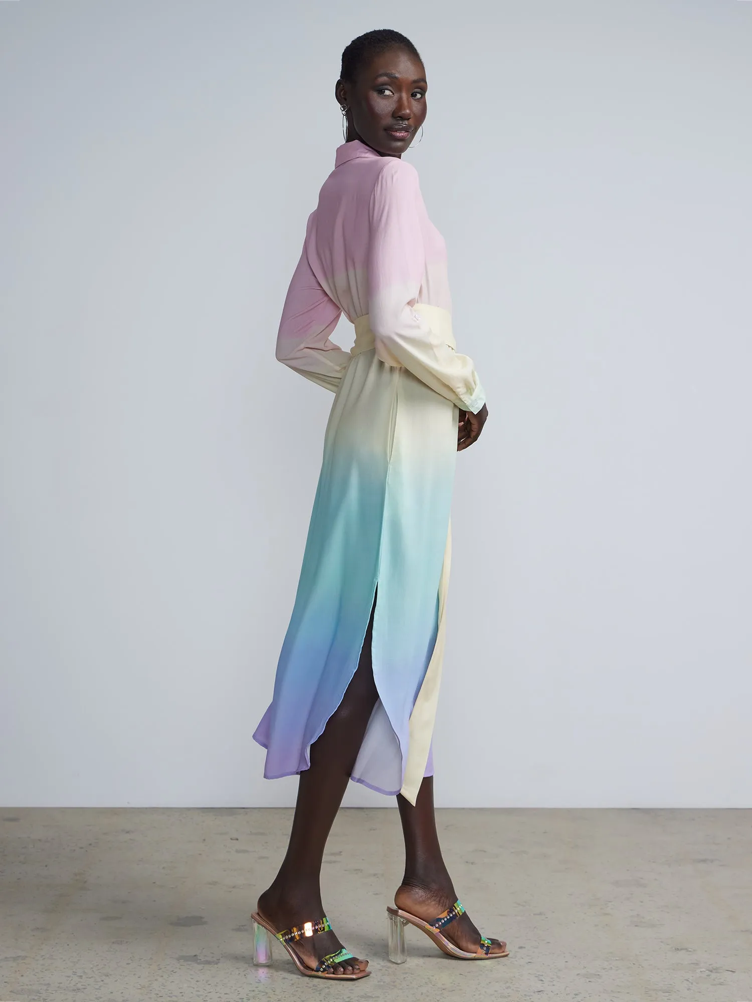 Button Down Tie-Waist Ombre Midi Shirt Dress