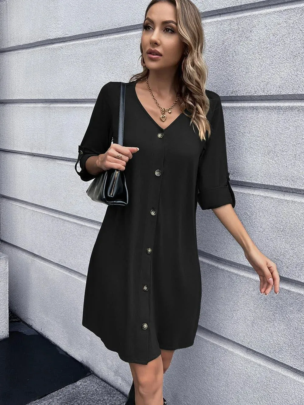 Button Down V-Neck Mini Dress: Buy Now Upgrade Your Wardrobe