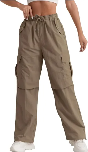 Cargo Pants Women Quick Dry Baggy Hiking Pants Elastic High Waist Drawstring Lightweight Y2K Clothes with Pockets