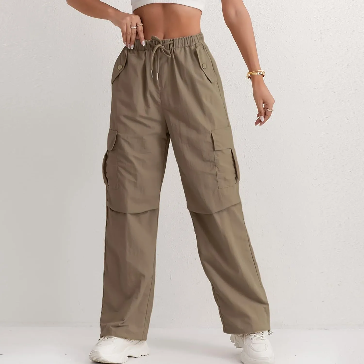 Cargo Pants Women Quick Dry Baggy Hiking Pants Elastic High Waist Drawstring Lightweight Y2K Clothes with Pockets