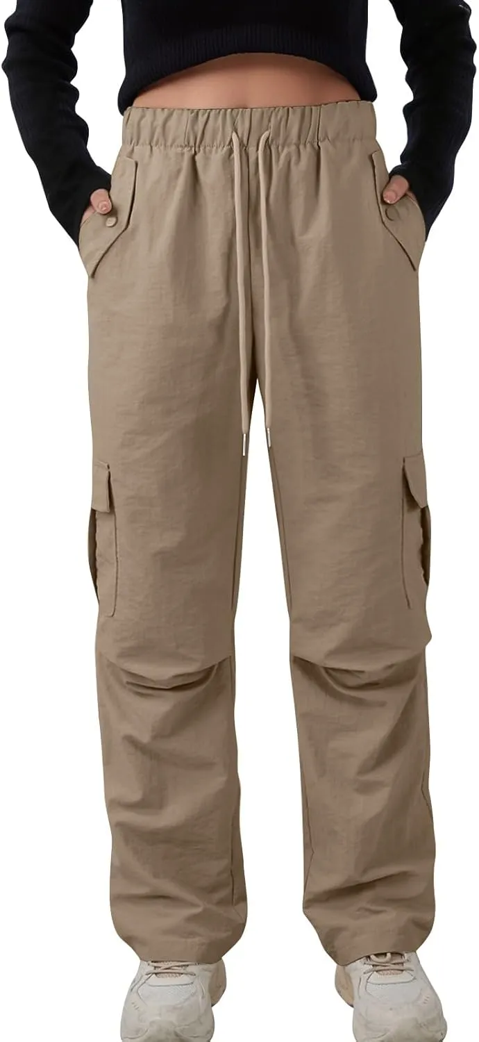 Cargo Pants Women Quick Dry Baggy Hiking Pants Elastic High Waist Drawstring Lightweight Y2K Clothes with Pockets