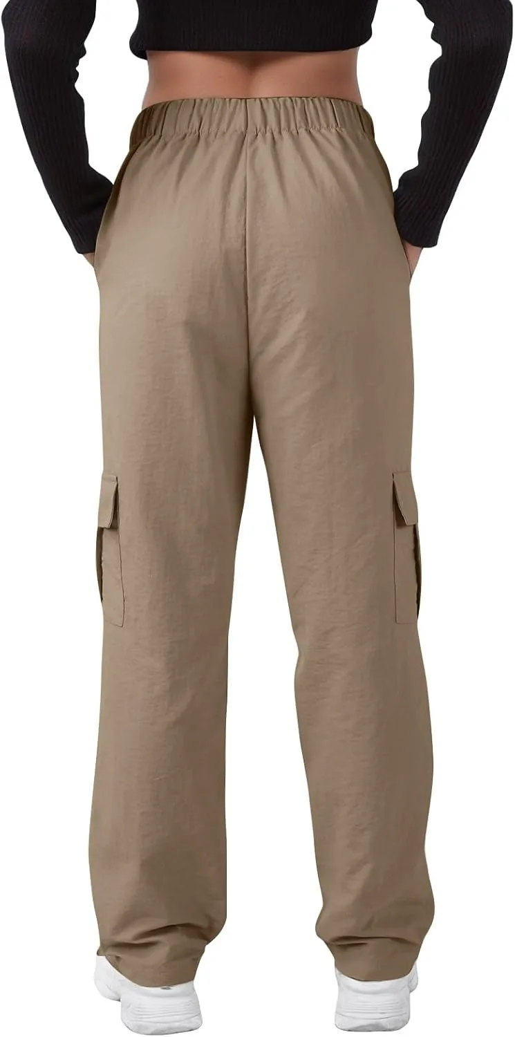 Cargo Pants Women Quick Dry Baggy Hiking Pants Elastic High Waist Drawstring Lightweight Y2K Clothes with Pockets