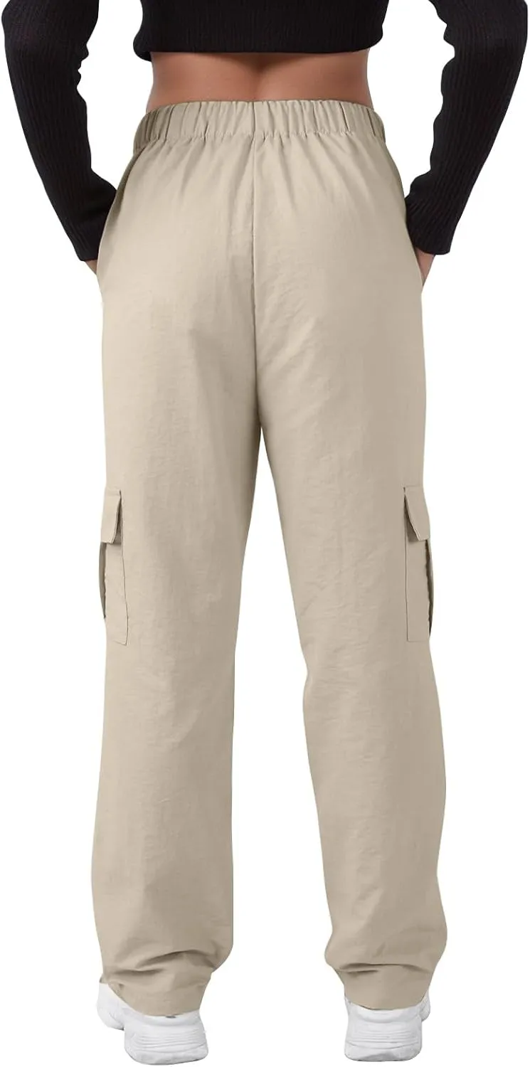 Cargo Pants Women Quick Dry Baggy Hiking Pants Elastic High Waist Drawstring Lightweight Y2K Clothes with Pockets