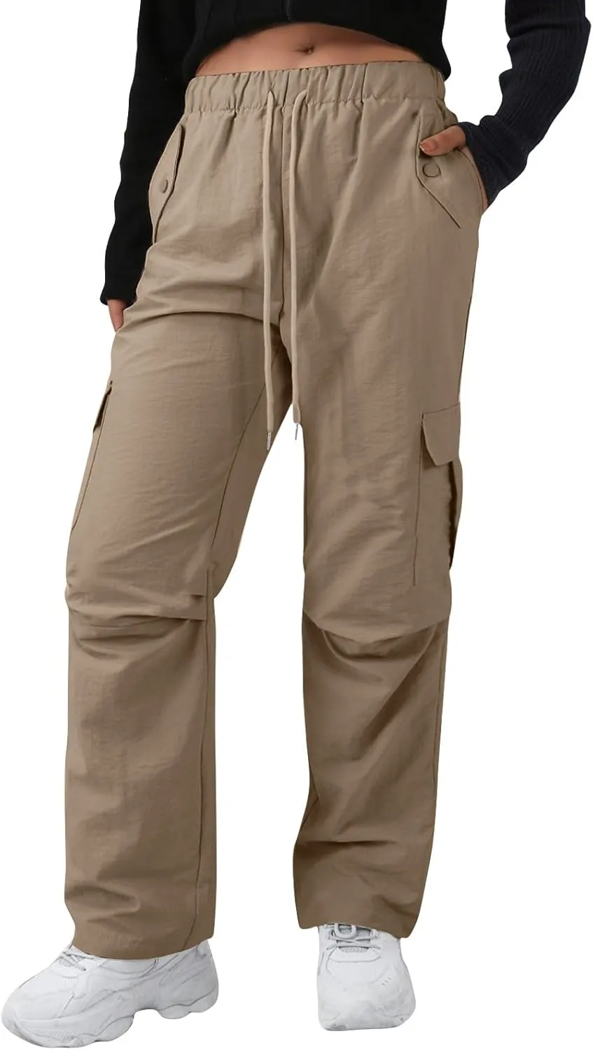 Cargo Pants Women Quick Dry Baggy Hiking Pants Elastic High Waist Drawstring Lightweight Y2K Clothes with Pockets