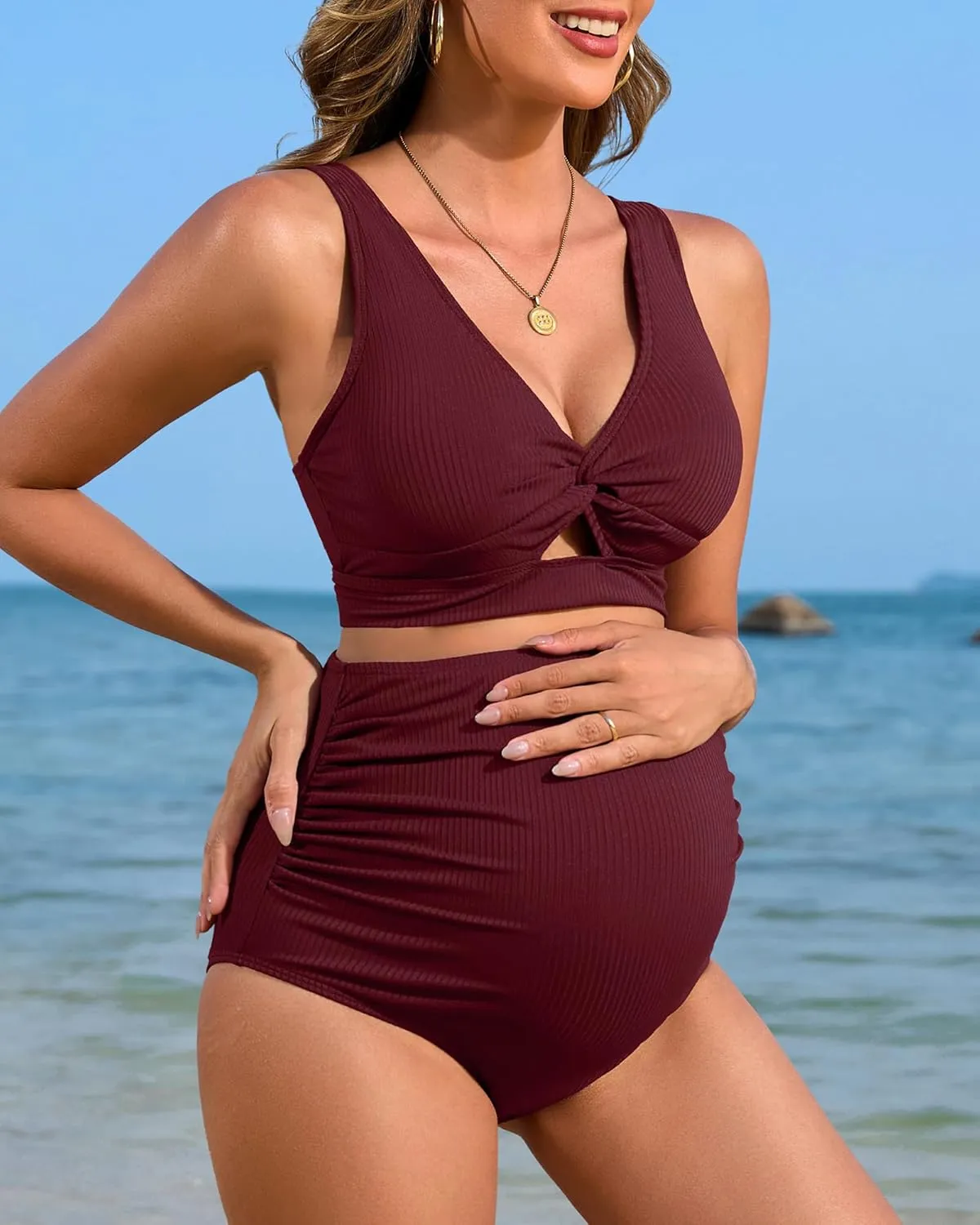 Charmo Maternity Swimsuit Ribbed High Waist Pregnancy Bikini Sets Twist Cutout Front Two Piece Bathing Suit Swimwear