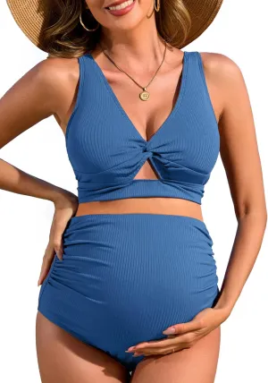 Charmo Maternity Swimsuit Ribbed High Waist Pregnancy Bikini Sets Twist Cutout Front Two Piece Bathing Suit Swimwear