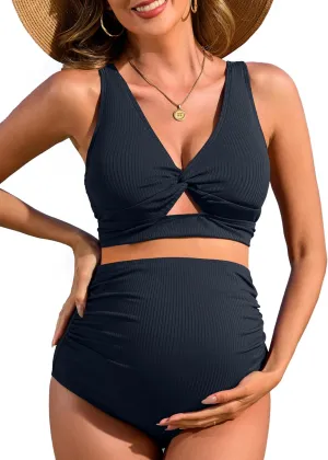Charmo Maternity Swimsuit Ribbed High Waist Pregnancy Bikini Sets Twist Cutout Front Two Piece Bathing Suit Swimwear