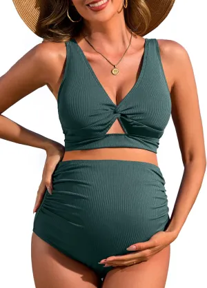 Charmo Maternity Swimsuit Ribbed High Waist Pregnancy Bikini Sets Twist Cutout Front Two Piece Bathing Suit Swimwear