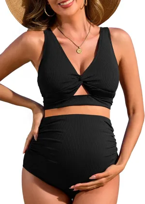 Charmo Maternity Swimsuit Ribbed High Waist Pregnancy Bikini Sets Twist Cutout Front Two Piece Bathing Suit Swimwear