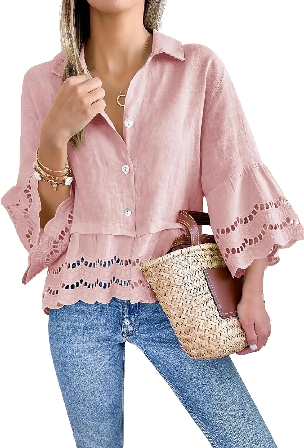 Cicy Bell Womens 3/4 Bell Sleeve Button Down Shirts Casual Ruffle Hem Tops Eyelet Blouse