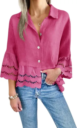 Cicy Bell Womens 3/4 Bell Sleeve Button Down Shirts Casual Ruffle Hem Tops Eyelet Blouse