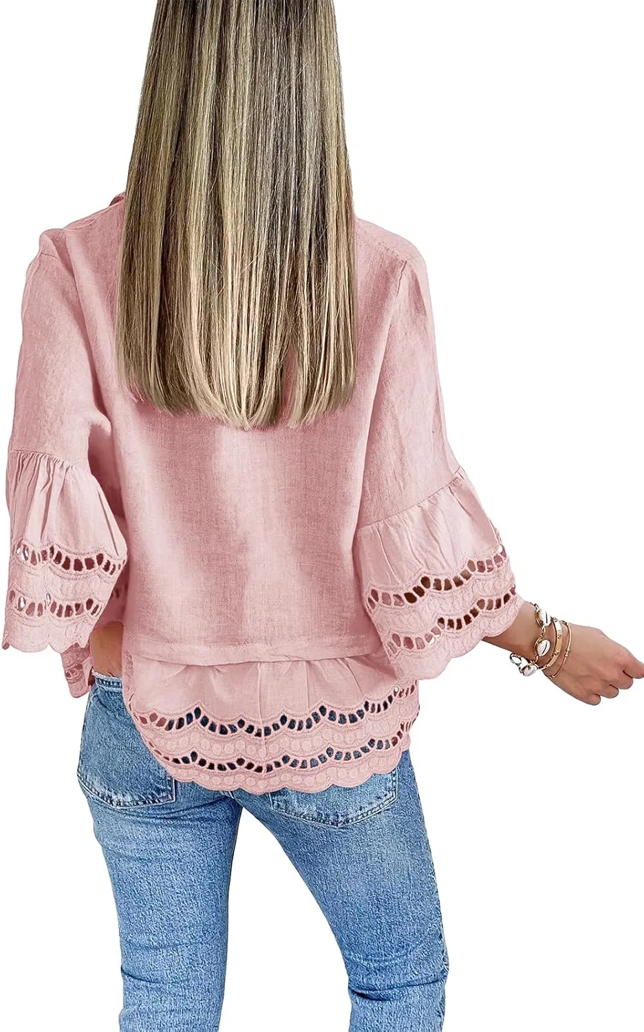 Cicy Bell Womens 3/4 Bell Sleeve Button Down Shirts Casual Ruffle Hem Tops Eyelet Blouse
