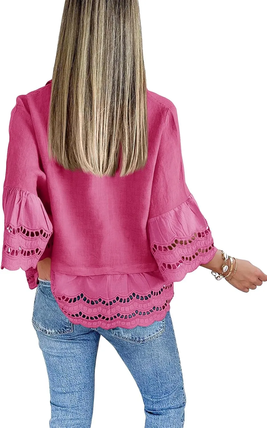 Cicy Bell Womens 3/4 Bell Sleeve Button Down Shirts Casual Ruffle Hem Tops Eyelet Blouse