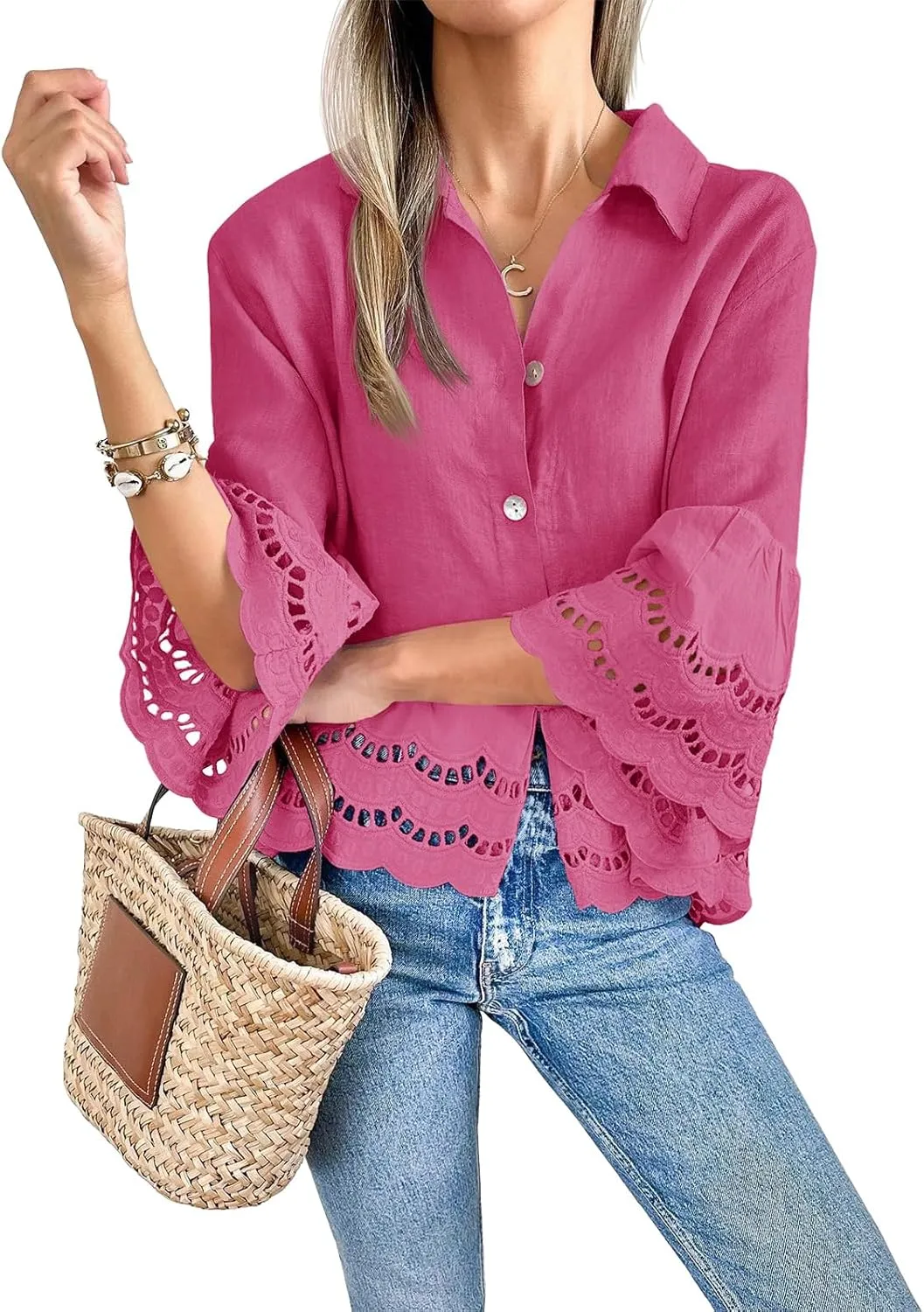 Cicy Bell Womens 3/4 Bell Sleeve Button Down Shirts Casual Ruffle Hem Tops Eyelet Blouse