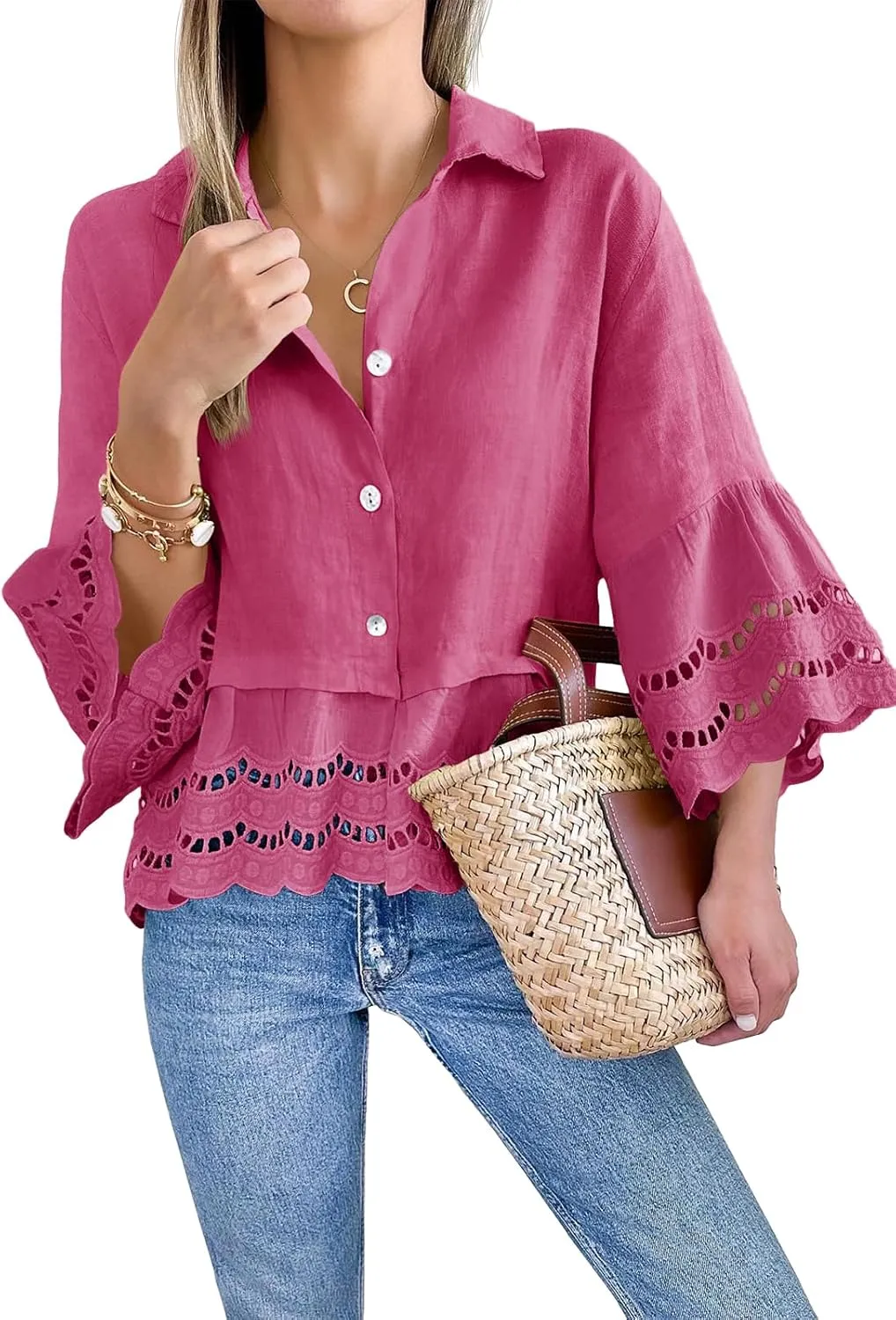 Cicy Bell Womens 3/4 Bell Sleeve Button Down Shirts Casual Ruffle Hem Tops Eyelet Blouse
