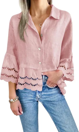 Cicy Bell Womens 3/4 Bell Sleeve Button Down Shirts Casual Ruffle Hem Tops Eyelet Blouse
